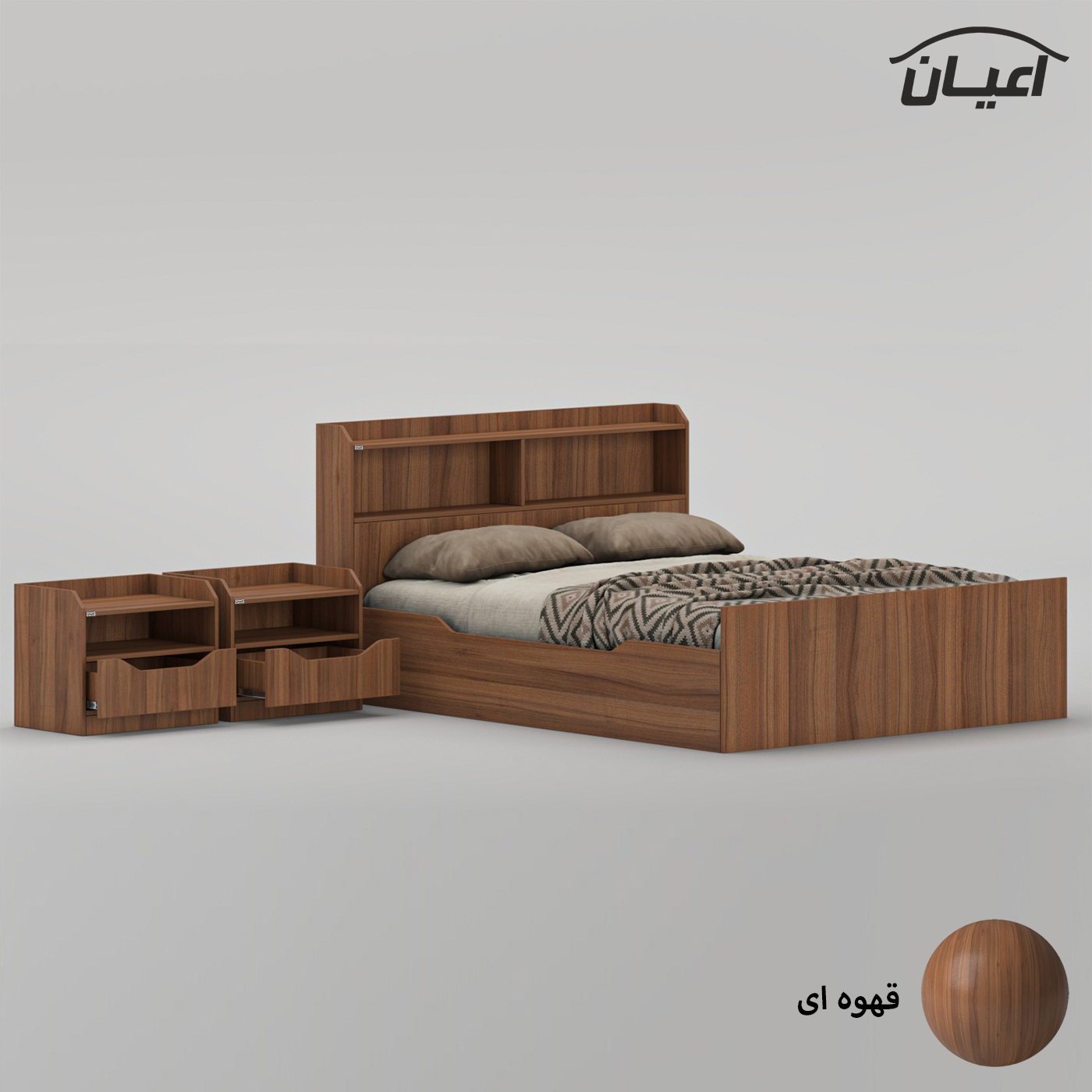 سرویس تخت خواب دو نفره ملامینه اعیان مدل FH996 سایز 160x200 سانتی متر به همراه دو عدد پاتختی