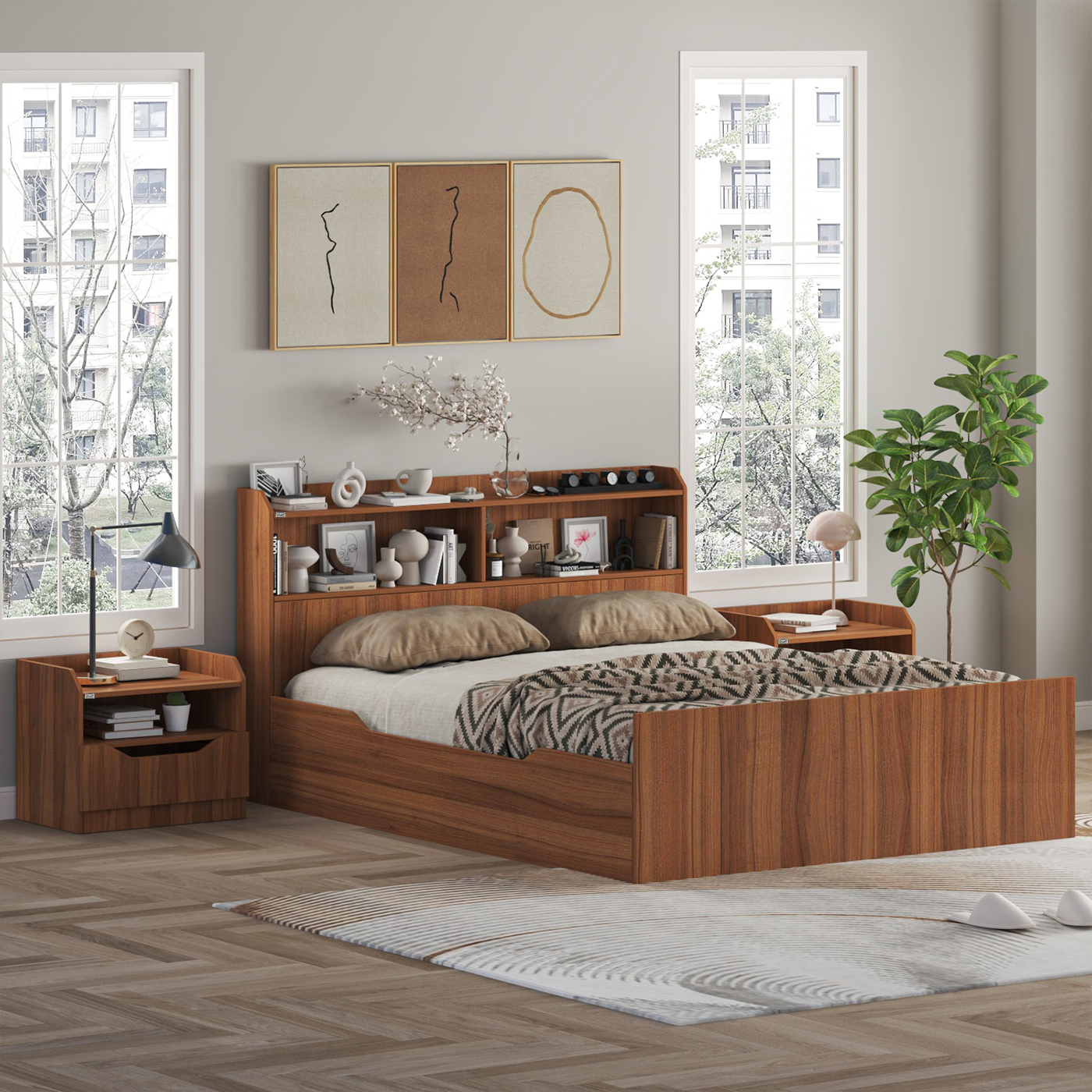 سرویس تخت خواب دو نفره ملامینه اعیان مدل FH996 سایز 160x200 سانتی متر به همراه دو عدد پاتختی